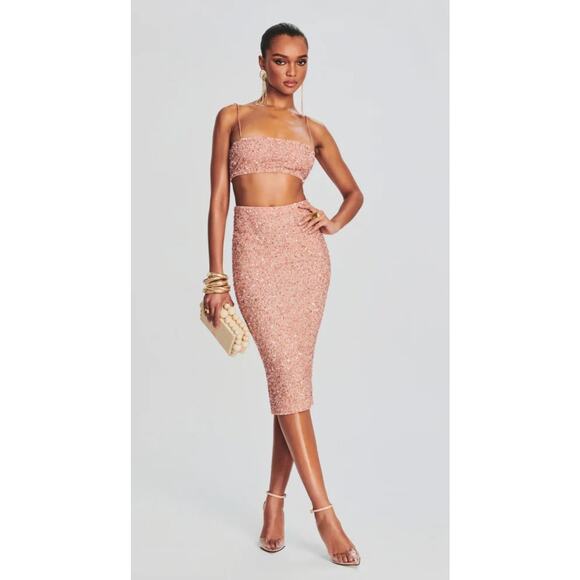 Retrofete Dresses & Skirts - Retrofete Lowe Sequin Beaded Skirt in Dusty Peach Midi Size Small